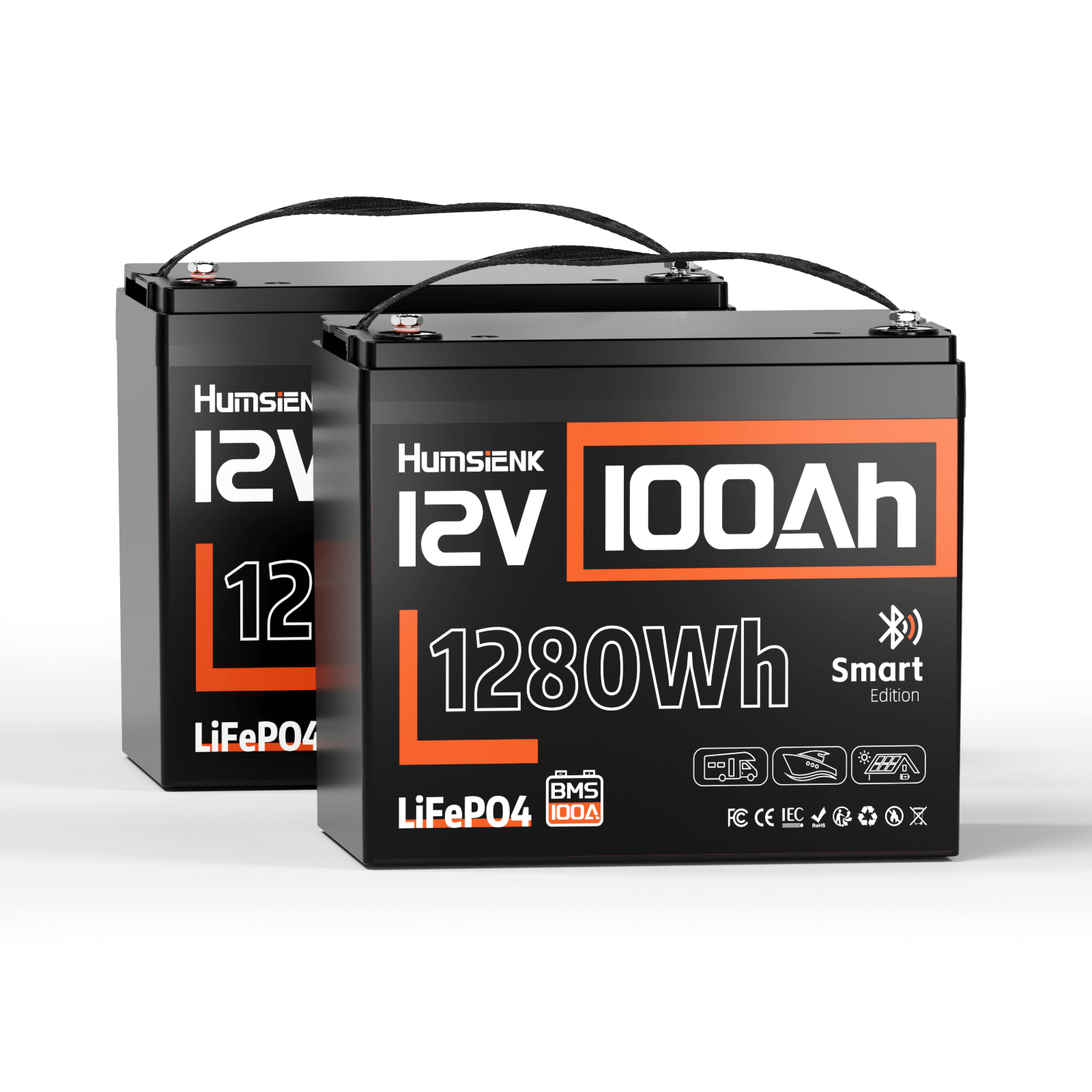 2 units Humsienk 12V 100Ah Bluetooth LiFePO4 Battery Group 24