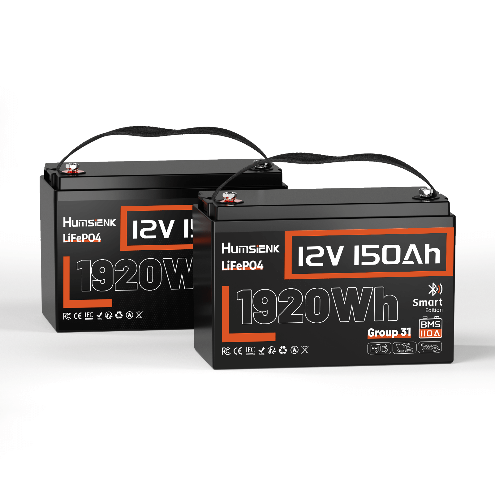 2 units Humsienk 12V 150Ah LiFePO4 Bluetooth Battery 110 BMS