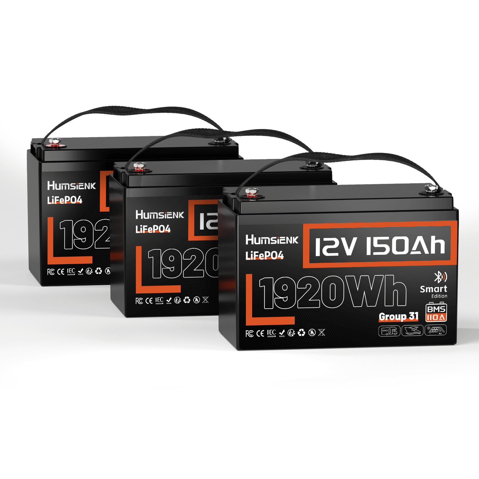 3 units Humsienk 12V 150Ah LiFePO4 Bluetooth Battery 110 BMS