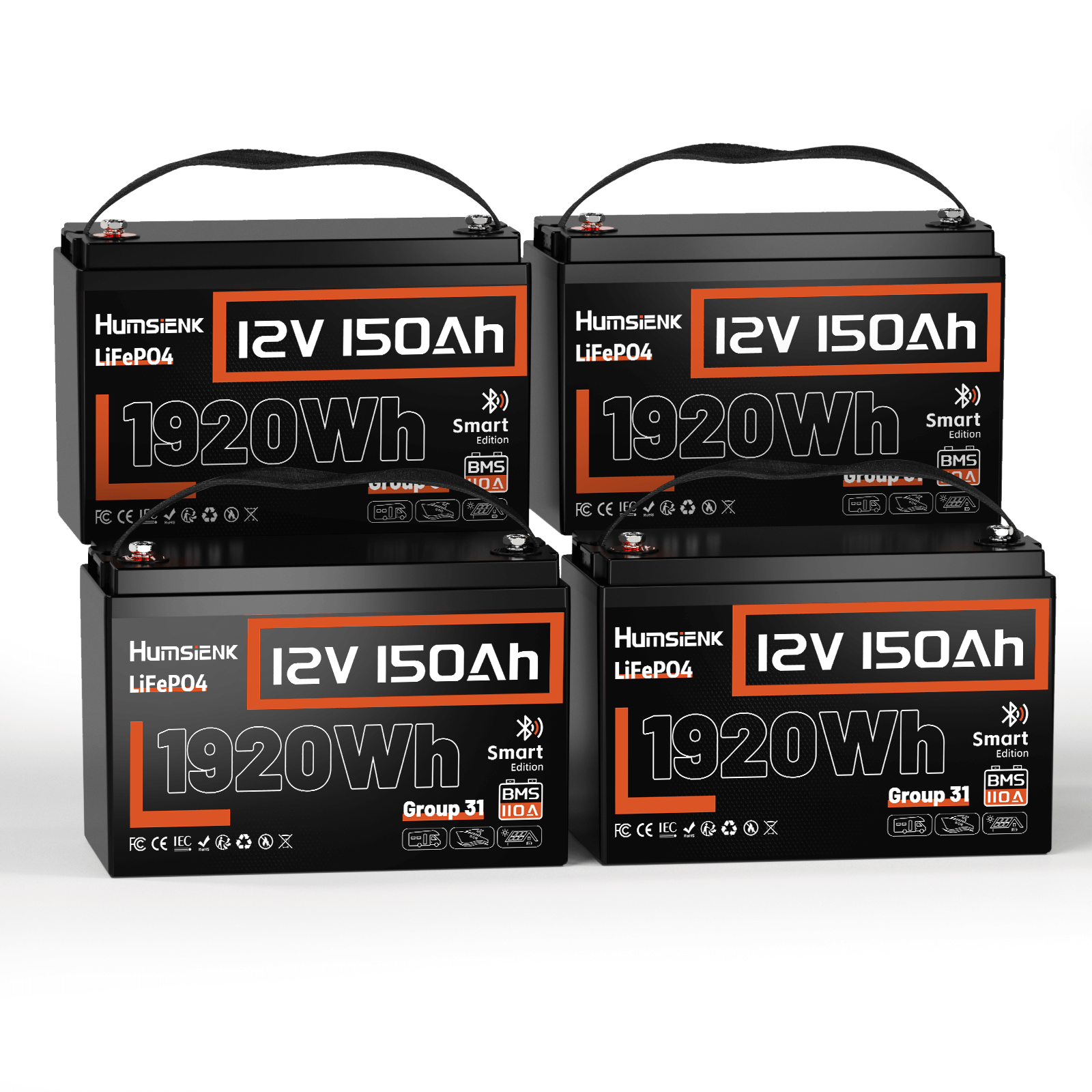 4 units Humsienk 12V 150Ah LiFePO4 Bluetooth Battery 110 BMS