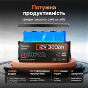 【👍Найкращий вибір】Humsienk Акумулятор LiFePO4 12В 320А·год (Bluetooth & 250А BMS)