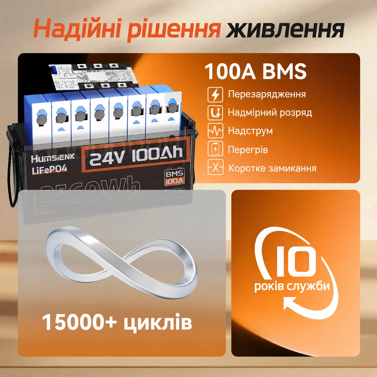 Humsienk ORIGIN LiFePO4 акумулятор 24V 100Ah (BMS 100A)