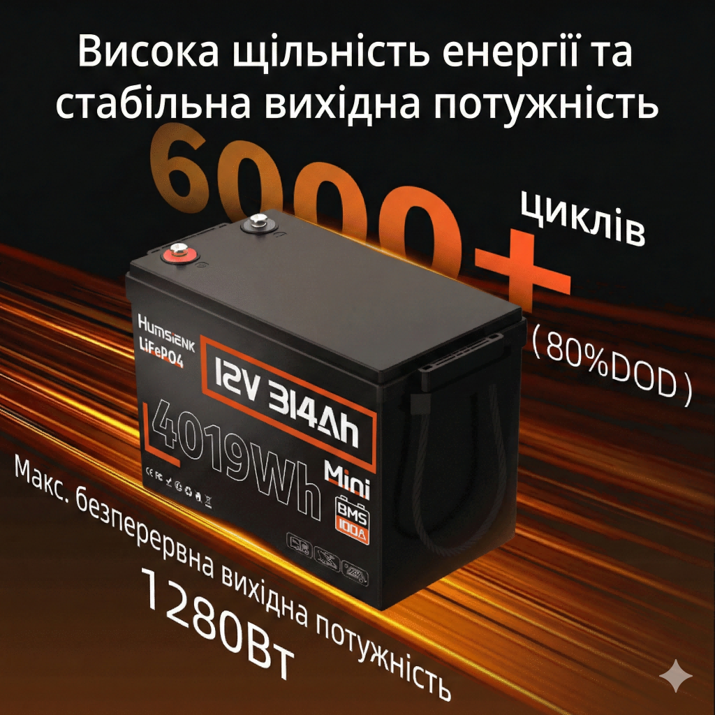 Humsienk 12V 314Ah Mini LiFePO4 lithium battery with max. 1280W output power