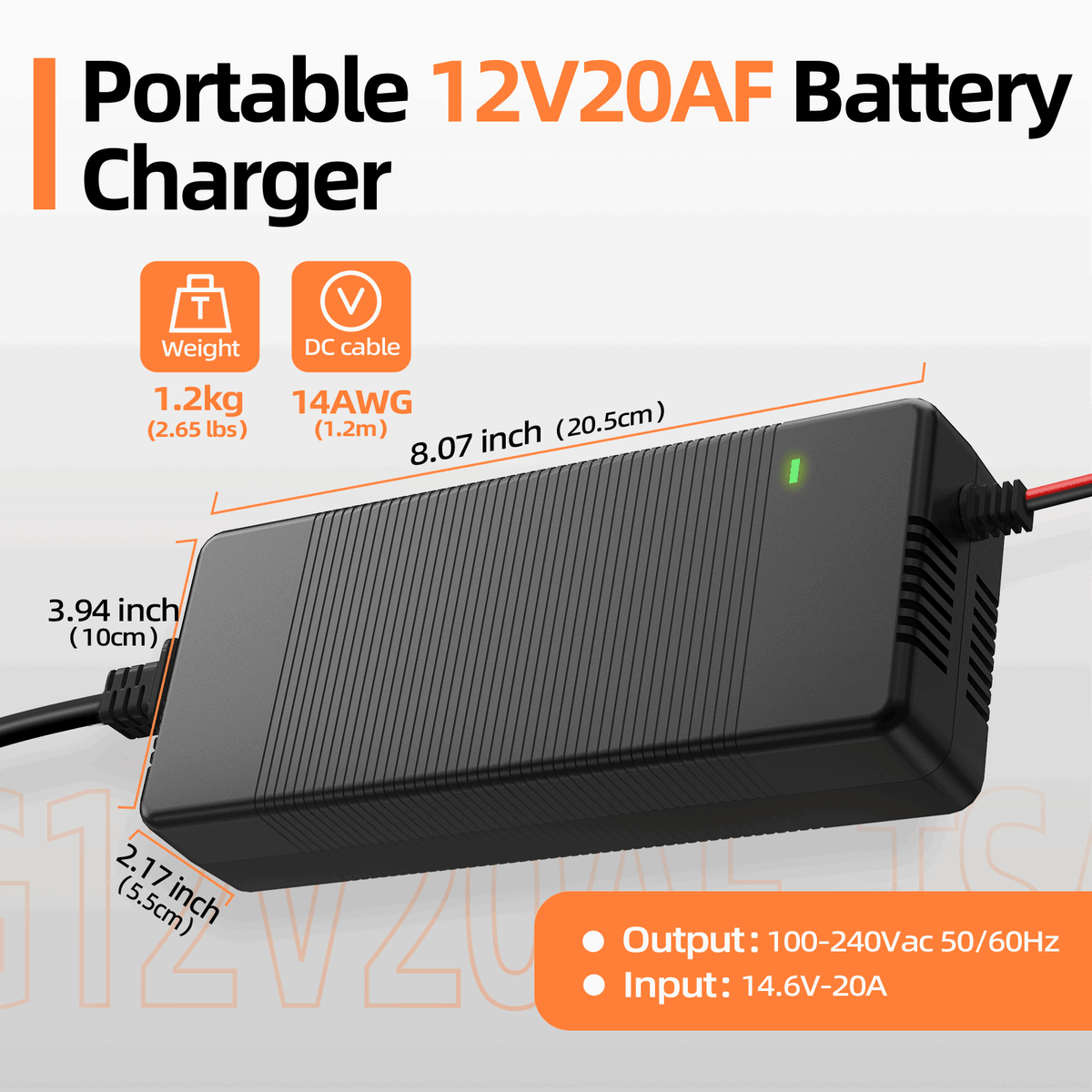 Humsienk 14.6V 20A LiFePO4 Battery Charger with Plastic case Size Weight